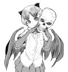 1girl animal_ears bat_ears bat_girl bat_wings breast_pocket closed_mouth commentary_request daito_fruit_bat_(kemono_friends) greyscale highres holding holding_skull kemono_friends kotobukkii_(yt_lvlv) monochrome pleated_skirt pocket shirt simple_background skirt skull smile solo untucked_shirt wings