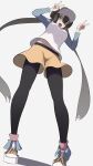  1girl :d absurdres aqua_eyes bangs black_legwear breasts bright_pupils brown_hair commentary double_bun double_v from_below highres legwear_under_shorts long_hair looking_at_viewer looking_down nsb36046_(na) open_mouth pantyhose pokemon pokemon_(game) pokemon_bw2 raglan_sleeves rosa_(pokemon) shirt shoes short_shorts shorts smile sneakers solo standing tongue twintails v visor_cap white_pupils yellow_shorts 