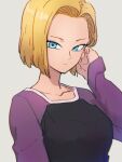  1girl android_18 black_shirt blonde_hair blue_eyes closed_mouth collarbone commentary_request dragon_ball dragon_ball_super grey_background kemachiku long_sleeves looking_at_viewer purple_shirt shirt short_hair simple_background solo two-tone_shirt upper_body 