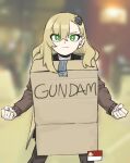  1girl bangs blonde_hair blurry blurry_background box brown_pants brown_sweater cardboard_box cardboard_box_gundam clenched_hands closed_mouth duct_tape green_eyes highres insect_hair_ornament long_hair long_sleeves looking_at_viewer matangom matangomu-chan original pants pillbug serious solo sweater underwear 