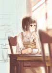  1girl absurdres apron bang_dream! bangs brown_apron brown_eyes brown_hair chair closed_mouth commentary_request cup day gurifu hazawa_tsugumi highres holding holding_cup indoors looking_away looking_to_the_side on_chair shirt sitting sketch smile solo sunlight table white_shirt window 