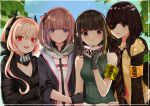  4girls anti-rain_(girls_frontline) ar-15 armband assault_rifle bangs black_neckwear black_ribbon blonde_hair blue_eyes blush braid breasts brown_eyes brown_hair camouflage_gloves cheek-to-cheek closed_mouth collared_shirt commentary dress eyebrows_visible_through_hair eyepatch fangs girls_frontline gloves gun hair_between_eyes hair_ornament hair_ribbon half-closed_eye headgear headphones highres jacket long_hair long_sleeves looking_at_viewer m16 m16a1 m16a1_(girls_frontline) m4_carbine m4_sopmod_ii m4_sopmod_ii_(girls_frontline) m4a1_(girls_frontline) medium_breasts mole mole_under_eye multicolored_hair multiple_girls necktie off_shoulder one_eye_closed one_side_up open_mouth pink_hair prosthesis prosthetic_arm red_hair ribbed_sweater ribbon rifle scar scar_across_eye scarf shirt sidelocks smile st_ar-15_(girls_frontline) streaked_hair sweatdrop sweater sweater_vest weapon yellow_shirt yvvy 