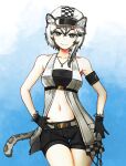  1girl animal_ears arknights bandeau bangs black_gloves black_shorts cabbie_hat cliffheart_(arknights) collarbone commentary_request cowboy_shot gloves grey_eyes hair_between_eyes hat highres jacket jewelry leopard_ears leopard_tail looking_at_viewer mango_(hebimango) navel necklace partial_commentary short_hair short_shorts shorts silver_hair sleeveless sleeveless_jacket smile solo standing stomach strapless tail tube_top white_headwear white_jacket 