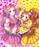  2girls absurdres animal_ears arisugawa_himari back_bow bow brown_bow brown_choker brown_hair choker clover_earrings collarbone cowboy_shot crop_top cure_custard cure_yell double_bun earrings elbow_gloves extra_ears flower food food-themed_background food-themed_hair_ornament gloves gradient gradient_background hair_cones hair_flower hair_ornament hair_ribbon hairband heart heart_background heart_hair_ornament heart_hands heart_hands_duo highres hugtto!_precure jewelry kanna-mika kirakira_precure_a_la_mode long_hair looking_at_viewer magical_girl multiple_girls navel nono_hana open_mouth pink_bow pink_eyes pink_hair pink_skirt pouch precure pudding red_ribbon ribbon side_ponytail signature skirt smile squirrel_ears squirrel_tail standing tail thigh-highs twitter_username two-tone_background v waist_bow white_legwear yellow_eyes yellow_gloves yellow_hairband yellow_skirt 