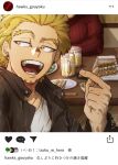  2boys alcohol arms_on_table beer beer_mug blonde_hair blurry blurry_background boku_no_hero_academia chopsticks close-up condiment cup earrings facial_hair finger_heart food goatee hawks_(boku_no_hero_academia) highres instagram_username jacket jewelry leaning_on_table looking_to_the_side mahoubin_(totemo_hot_dayo) male_focus mug multiple_boys muscular muscular_male open_mouth post restaurant ribbed_sweater shirt short_hair signature social_network solo_focus stud_earrings sweater teeth tongue white_shirt yakitori yellow_eyes 
