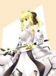  1girl absurdres ahoge armor armored_boots armored_dress artoria_pendragon_(all) bangs black_bow blonde_hair blush boots bow breastplate caliburn caliburn_(fate) dress eyebrows_visible_through_hair fate/grand_order fate/unlimited_codes fate_(series) gauntlets green_eyes hair_between_eyes hair_bow highres holding holding_sword holding_weapon long_hair parted_lips ponytail saber_lily scan sidelocks solo standing sword tada_(pixiv3100885) weapon white_dress 