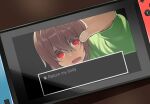  1other against_fourth_wall against_glass deltarune facing_viewer fourth_wall game_console hair_between_eyes hand_on_glass hp_nokoketaetouyona kris_(deltarune) looking_at_viewer nintendo_switch open_mouth reaching_out red_eyes screen short_hair 