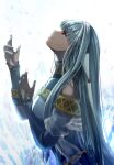  1girl blue_dress blue_hair crying crying_with_eyes_open delsaber dress fire_emblem fire_emblem:_the_blazing_blade from_side highres long_hair long_sleeves looking_up ninian_(fire_emblem) parted_lips profile red_eyes sash shiny shiny_hair sleeves_past_wrists solo sparkle tears very_long_hair white_background 