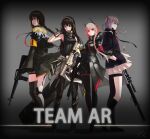  4girls anti-rain_(girls_frontline) ar-15 armband assault_rifle bangs black_neckwear black_ribbon blonde_hair blue_eyes blush braid breasts brown_eyes brown_hair camouflage_gloves cheek-to-cheek closed_mouth collared_shirt commentary dress eyebrows_visible_through_hair eyepatch fangs girls_frontline gloves gun hair_between_eyes hair_ornament hair_ribbon half-closed_eye headgear headphones highres jacket long_hair long_sleeves looking_at_viewer m16 m16a1 m16a1_(girls_frontline) m4_carbine m4_sopmod_ii m4_sopmod_ii_(girls_frontline) m4a1_(girls_frontline) medium_breasts migime_no_yugure mole mole_under_eye multicolored_hair multiple_girls necktie off_shoulder one_eye_closed one_side_up open_mouth pink_hair prosthesis prosthetic_arm red_hair ribbed_sweater ribbon rifle scar scar_across_eye scarf shirt sidelocks smile st_ar-15_(girls_frontline) streaked_hair sweatdrop sweater sweater_vest weapon yellow_shirt 