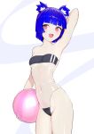  1girl ball bangs blue_hair blunt_bangs blunt_ends breasts cowboy_shot eyebrows_visible_through_hair fang gris_(vertigris) highres holding holding_ball looking_at_viewer one-piece_swimsuit open_mouth original pink_eyes see-through short_hair small_breasts solo swimsuit tongue vertigris wet 