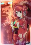  1girl bafarin bangs breasts flower hair_flower hair_ornament highres holding holding_umbrella japanese_clothes kimono large_breasts new_year oil-paper_umbrella parasol pyra_(xenoblade) red_kimono redhead short_hair swept_bangs umbrella xenoblade_chronicles_(series) xenoblade_chronicles_2 