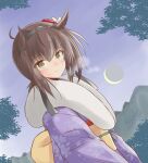  1girl alternate_costume black_hairband blue_kimono brown_hair commentary_request crescent_moon dutch_angle floral_print fur-trimmed_kimono fur_trim furisode hair_flaps hairband hatsuzuki_(kancolle) highres icesherbet japanese_clothes kantai_collection kimono moon night one-hour_drawing_challenge short_hair solo upper_body yellow_eyes 