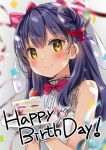  1girl bare_shoulders black_hair blurry blurry_background blurry_foreground blush bow bowtie braid bunny_hair_ornament cake cake_slice closed_mouth commentary_request copyright_request depth_of_field food fruit gloves grey_background hair_bow hair_ornament happy_birthday holding holding_plate long_hair looking_at_viewer natsume_eri plate red_bow red_bowtie shirt sleeveless sleeveless_shirt smile solo strawberry upper_body white_gloves white_shirt 