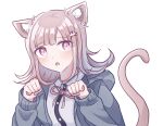  1girl :o animal_ears black_jacket black_shirt blush breasts cat_ears cat_tail clenched_hands collared_shirt danganronpa_(series) danganronpa_2:_goodbye_despair dress_shirt flipped_hair galaga grey_background hair_ornament hands_up highres jacket large_breasts medium_hair nanami_chiaki neck_ribbon oepn_jacket pink_eyes pink_ribbon ribbon shirt simple_background solo tail two-tone_shirt white_shirt yu_yu_yu 