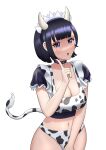  1girl absurdres animal_print bell black_hair blue_eyes breasts cow_print cow_tail cowbell highres horns iceringer large_breasts looking_at_viewer maid navel original panties short_hair simple_background solo tail underwear white_background 