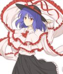  1girl ascot bangs black_headwear black_skirt bow capelet closed_mouth cowboy_shot english_commentary eyebrows_visible_through_hair frilled_skirt frills hand_on_headwear hat hat_bow long_sleeves looking_at_viewer nagae_iku purple_hair red_ascot red_bow red_eyes shawl shirt short_hair simple_background skirt smile solo standing touhou white_background white_capelet white_shirt yumeki_enmi 