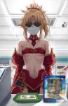  1girl arms_at_sides artoria_pendragon_(fate) artoria_pendragon_(swimsuit_archer)_(fate) bandeau bangs bare_shoulders black-framed_eyewear blonde_hair blurry blurry_background breasts cash_register convenience_store covered_mouth cowboy_shot detached_collar detached_sleeves eyebrows_visible_through_hair fate/apocrypha fate_(series) figure high_ponytail highres indoors mask money mordred_(fate) mordred_(fate/apocrypha) mouth_mask navel parted_bangs shop small_breasts solo sunglasses surgical_mask tonee under_boob yen 