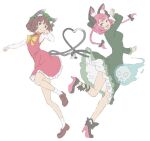  2girls animal_ear_fluff animal_ears black_bow black_ribbon bow braid brown_eyes brown_footwear brown_hair cat_ears cat_tail chen chinese_clothes dress fang fangs friends frills ghost green_dress green_headwear heart high_heels hitodama holding holding_with_tail kaenbyou_rin leg_ribbon looking_at_viewer multiple_girls multiple_tails necktie open_mouth paw_pose prehensile_tail red_dress red_eyes red_footwear redhead ribbon short_hair skull slit_pupils smile tail touhou twin_braids two_tails white_background yellow_bow 
