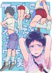  1boy black_hair blue_eyes blush bound closed_eyes clothes_lift pulled_by_self restrained shirt_lift short_hair shorts south_park stan_marsh undressing 