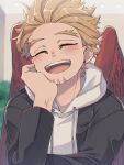  1boy arm_rest black_jacket blonde_hair blurry blurry_background body_markings boku_no_hero_academia casual close-up closed_eyes earrings elbow_rest facial_hair feathered_wings goatee grin hand_on_own_face hawks_(boku_no_hero_academia) head_on_hand hood hoodie jacket jewelry light_blush male_focus miso_(mimimiso) open_mouth red_feathers short_hair smile solo straight-on stud_earrings teeth tongue upper_teeth white_hoodie wings yellow_eyes 