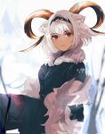  1girl animal_ears arknights artist_name black_hairband black_jacket carnelian_(arknights) carnelian_(hohenlohe_chillysand)_(arknights) commentary dark-skinned_female dark_skin fur-trimmed_jacket fur_trim goat_ears goat_horns gupipy hairband highres horns jacket looking_at_viewer medium_hair official_alternate_costume parted_lips red_eyes smile solo white_background white_hair 