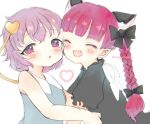  2girls :3 animal_ears black_bow blush bow cat_ears chibi closed_eyes collar dress extra fangs green_dress heart highres hug kaenbyou_rin komeiji_satori long_hair multiple_girls nudge one-hour_drawing_challenge open_mouth pink_eyes pointy_ears puffy_short_sleeves puffy_sleeves purple_hair redhead renakobonb rubbing short_hair short_sleeves signature sketch sleeveless smile touhou violet_eyes white_background white_collar 