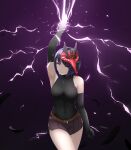  1girl absurdres arm_up armpits belt black_feathers black_gloves blue_hair bodysuit breasts brown_belt covered_navel cowboy_shot elbow_gloves electricity genshin_impact gloves gradient gradient_background highres kujou_sara lightning looking_at_viewer mask mask_on_head medium_breasts miniskirt parted_lips purple_background sgss247 short_hair skirt tengu_mask yellow_eyes 