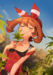 1girl bangs blurry blush bow_hairband breasts brown_hair closed_eyes closed_mouth clouds commentary day eyebrows_visible_through_hair eyelashes hairband highres holding holding_leaf khyle. leaf marijuana may_(pokemon) off_shoulder outdoors pokemon pokemon_(game) pokemon_oras red_hairband red_shirt shirt sky smile solo upper_body 