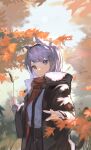  1girl absurdres animal_ears autumn_leaves black_coat black_hairband black_skirt cat_ears cat_girl cat_tail closed_mouth coat day expressionless hair_ornament hairband hairclip highres holding holding_plant karasuro leaf long_hair long_sleeves looking_at_viewer original outdoors plant purple_hair red_scarf scarf shirt shirt_tucked_in skirt solo symbol-only_commentary tail violet_eyes white_shirt 