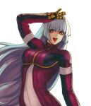  1girl absurdres bangs blue_hair bodysuit breasts cowboy_shot eyebrows_visible_through_hair gloves highres kthovhinao_virmi kula_diamond long_hair looking_at_viewer medium_breasts simple_background smile the_king_of_fighters the_king_of_fighters_xv violet_eyes white_background zipper 