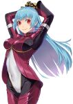  1girl bangs blue_hair bodysuit breasts cowboy_shot eyebrows_visible_through_hair gloves highres kula_diamond long_hair looking_at_viewer medium_breasts sakura_mafumi signature simple_background smile the_king_of_fighters the_king_of_fighters_xv violet_eyes white_background 