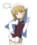  1girl ame_(amechan17391739) blonde_hair cutlass_(girls_und_panzer) girls_und_panzer hand_on_hip highres maid_headdress short_hair simple_background smile solo spoken_blush vest w yellow_eyes 