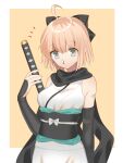  1girl ahoge bangs black_bow black_legwear black_scarf bow breasts chromatic_aberration fate/grand_order fate_(series) hair_between_eyes hair_bow haori highres japanese_clothes kimono koha-ace medium_breasts obi okita_souji_(fate) okita_souji_(fate)_(all) okita_souji_(koha/ace) oshage_(user_kpsn5534) platinum_blonde_hair ribbon sash scarf sheath short_hair short_kimono simple_background solo thigh-highs white_kimono white_ribbon yellow_eyes zettai_ryouiki 