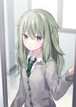 1girl bangs blue_eyes cardigan classroom closed_mouth collared_shirt eyebrows_visible_through_hair green_hair green_necktie grey_cardigan hair_between_eyes highres indoors jimmy_madomagi kusanagi_nene long_hair long_sleeves necktie project_sekai shiny shiny_hair shirt sketch sleeves_past_wrists solo standing striped_necktie upper_body white_shirt wing_collar