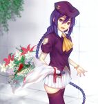  1girl absurdres ascot blush bracelet braid dutch_angle hair_between_eyes hat highres jewelry long_braid long_hair looking_at_viewer purple_eyes purple_hair purple_shirt shikikaito shirt single_braid sion_eltnam_atlasia skirt solo thigh-highs thighs tsukihime type-moon white_background white_skirt 