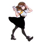  1girl :&gt; breasts brown_hair closed_mouth full_body gatchaman_crowds hair_ornament high-waist_skirt ichinose_hajime ilya_kuvshinov long_hair looking_at_viewer pantyhose school_uniform simple_background skirt smile solo v white_background 