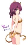  1girl animal_ears animal_hands animal_print ass bikini breasts commentary_request dated from_behind gloves happy_birthday highres looking_at_viewer machikado_mazoku mel_(melty_pot) paw_gloves print_bikini purple_hair simple_background small_breasts solo swimsuit tail tiger_ears tiger_print tiger_tail violet_eyes white_background yellow_bikini yellow_gloves yoshida_ryouko 