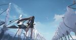  1girl blurry brown_hair clouds commentary_request facing_away feet_out_of_frame from_behind genshin_impact highres hu_tao_(genshin_impact) leaf long_hair outdoors running scenery shorts sky solo standing tassel void_0 white_legwear winter 