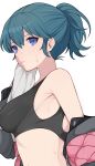  1girl bangs banned_artist bare_shoulders blue_eyes blue_hair breasts byleth_(fire_emblem) byleth_eisner_(female) commentary_request crop_top fire_emblem fire_emblem:_three_houses highres large_breasts looking_at_viewer midriff ponytail shimizu_akina short_hair simple_background solo sports_bra upper_body white_background 