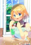  1girl :d bangs bare_shoulders black_tank_top blonde_hair blue_shirt blurry blurry_background blush braid chair cherry commission copyright_request crown_braid day depth_of_field eyebrows_visible_through_hair food fruit green_eyes hair_between_eyes hair_ornament hairclip hands_up holding holding_spoon indoors kou_hiyoyo lens_flare off-shoulder_shirt off_shoulder on_chair shirt short_hair sitting skeb_commission smile solo spoon table tank_top upper_body x_hair_ornament 