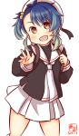  1girl alternate_costume artist_logo beret blue_hair brown_eyes cardcaptor_sakura cosplay dated eyebrows_visible_through_hair fang fukae_(kancolle) gradient_hair hair_bobbles hair_ornament hat kanon_(kurogane_knights) kantai_collection looking_at_viewer multicolored_hair neckerchief one-hour_drawing_challenge open_mouth sailor_collar school_uniform short_hair side_ponytail sidelocks simple_background skin_fang skirt smile solo tomoeda_elementary_school_uniform white_background white_headwear white_neckerchief white_sailor_collar white_skirt 