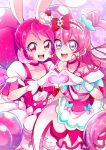 2girls absurdres animal_ears bare_shoulders bow cake_hair_ornament check_commentary choker collarbone commentary commentary_request cure_precious cure_whip delicious_party_precure dress earrings extra_ears eyebrows_visible_through_hair food food-themed_hair_ornament gloves hair_between_eyes hair_ornament heart heart_hands highres jewelry kirakira_precure_a_la_mode long_hair magical_girl mitsuki_tayura multiple_girls nagomi_yui open_mouth pink_bow pink_choker pink_dress pink_eyes pom_pom_(clothes) pom_pom_earrings precure puffy_sleeves purple_background rabbit_ears smile sparkle_background strawberry_shortcake usami_ichika very_long_hair violet_eyes white_gloves 