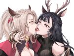 2girls ^_^ animal_ears arknights artist_name bangs bare_shoulders black_hair black_sweater brooch closed_eyes commentary_request deer_antlers deer_ears gitano_(arknights) grey_hair highres hui_z_jie jewelry long_hair mole mole_under_mouth multiple_girls signature simple_background sweater tongue tongue_out tsukinogi_(arknights) turtleneck turtleneck_sweater upper_body white_background yuri 