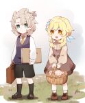  1boy 1girl artist_name basket blonde_hair blue_eyes book child colored_eyelashes commentary_request dress drop_0720 flower full_body genshin_impact grey_hair hair_flower hair_ornament happy highres lumine_(genshin_impact) necktie open_mouth picnic_basket shoes short_hair shorts simple_background socks suitcase vest yellow_eyes 