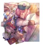  1girl 1other :o apple bag bangs blanket bow braid braided_ponytail closed_eyes commentary_request crystal day eyebrows_visible_through_hair final_fantasy final_fantasy_xiv food fruit glint green_bow hat highres lalafell long_hair lying mail parted_lips photo_(object) pink_hair pointy_ears quill rabbit scroll sleeping sunlight tsunakawa upper_body vial 