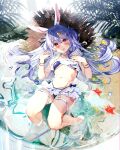  1girl animal_ear_fluff animal_ears bangs bikini blue_bikini blue_hair blush bracelet breasts carrot_hair_ornament commentary_request food-themed_hair_ornament full_body hair_between_eyes hair_ornament haruhina_purple hat highres hololive jewelry knees_up long_hair looking_at_viewer lying medium_breasts navel on_back outdoors rabbit_ears red_eyes short_eyebrows solo starfish stomach straw_hat swimsuit thick_eyebrows thigh_strap usada_pekora very_long_hair virtual_youtuber water 