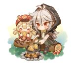  1boy 1girl ahoge bandages blonde_hair bone_necklace boots campfire chibi child closed_eyes clover_print cooking dress eating fire food frying_pan full_body genshin_impact grey_hair hash_browns hat highres klee_(genshin_impact) long_hair mushroom razor_(genshin_impact) red_eyes ria_(yfvv_ria) scar scar_on_face sitting wood 