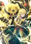  1boy blonde_hair blue_eyes clenched_hand closed_mouth coat commentary_request electivire electricity fur_(clothing) hand_up male_focus official_alternate_costume pokemon pokemon_(game) pokemon_masters_ex short_hair smile spiky_hair standing volkner_(pokemon) watermark yamanashi_taiki yellow_coat 