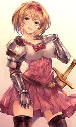  1girl absurdres armor bangs belt blonde_hair breasts brown_hair brown_legwear collarbone cowboy_shot djeeta_(granblue_fantasy) dress gauntlets granblue_fantasy hairband highres looking_at_viewer medium_breasts monogrbl open_mouth pink_dress pink_hairband scabbard sheath sheathed short_hair shoulder_armor smile solo sword thigh-highs weapon white_background 