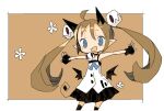  1girl :d @_@ ahoge animal_ears armpits bangs bare_arms bare_shoulders black_choker black_gloves black_legwear black_skirt black_wings blue_bow blue_eyes blush_stickers border bow brown_background brown_hair cat_ears choker contrapposto cowboy_shot demon_wings fang fingerless_gloves floating_hair flower_(symbol) gloves hair_between_eyes hair_ornament happy long_hair looking_at_viewer low_wings mini_wings miniskirt no_nose open_mouth original outside_border outstretched_arms pleated_skirt pointy_ears shirt skirt skull_hair_ornament sleeveless sleeveless_shirt smile solo spread_arms tan_background thigh-highs twintails very_long_hair white_border white_shirt wings yukihi zettai_ryouiki 